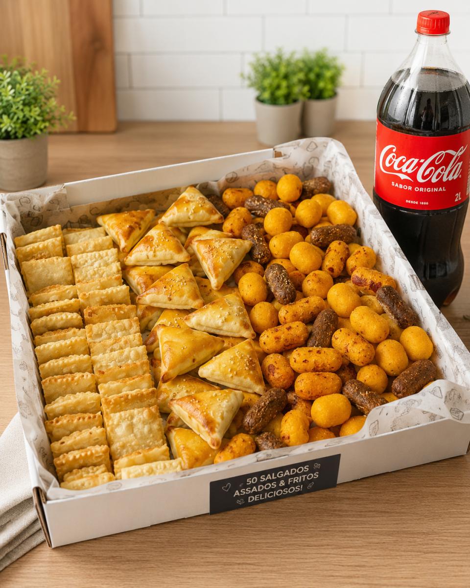 Combo Festão da Casa com 50 assados + 50 pastéis + 50 salgados fritos + Coca 2L.